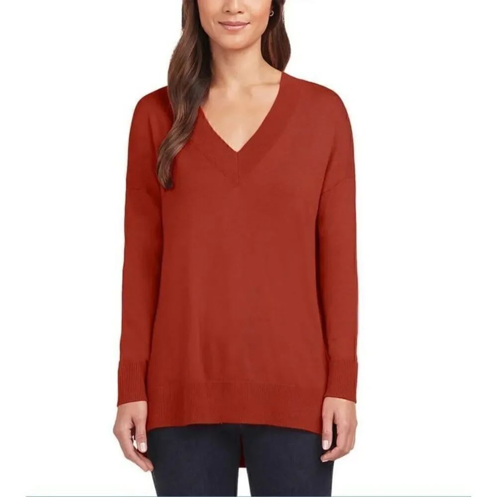Matty M Women's V Neck Pullover Sweater with Side Slits NEW